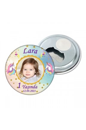 Unicorn Temalı Kişiye Özel Doğum Günü Açacak Magnet Hediye 58mm 
