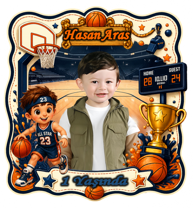 Basketbol Temalı Kişiye Özel Doğum Günü Magneti Basketbol temalı şekilli kesim fotoğraflı kişiye özel doğum günü magneti 8x8 cm