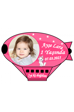 Zeplin Balon Şeklinde Fotoğraflı Kişiye Özel Doğum Günü Magnet 8x11cm Hediye 